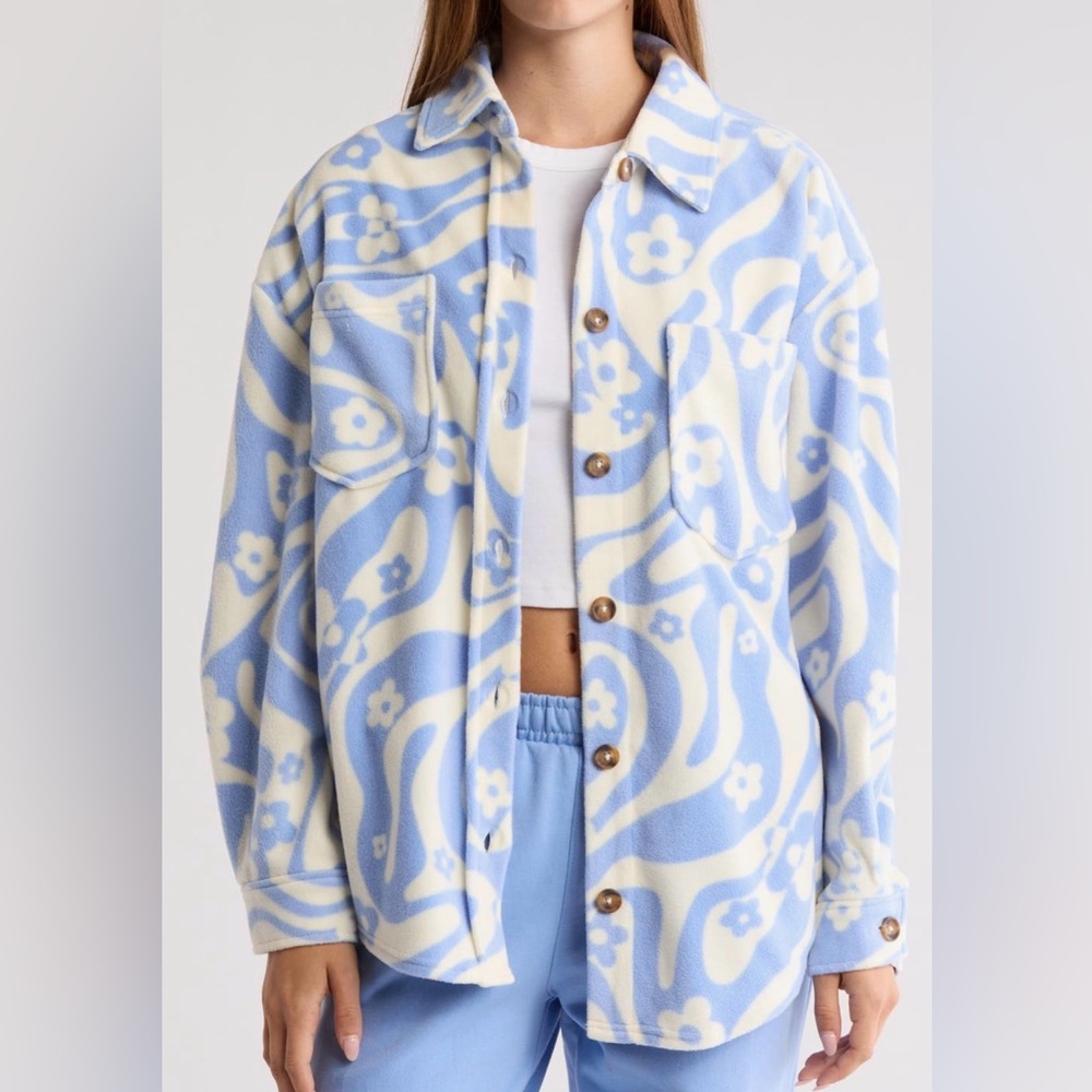 Women’s Billabong Laid Back Blue & White Wave Polar Fleece Shacket Oversize B#1